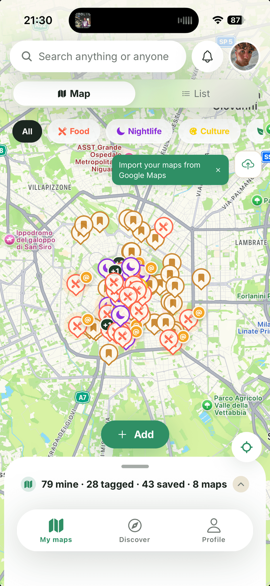 Schermata Le mie mappe: mappa di Milano con i posti pubblicati, taggati e salvati